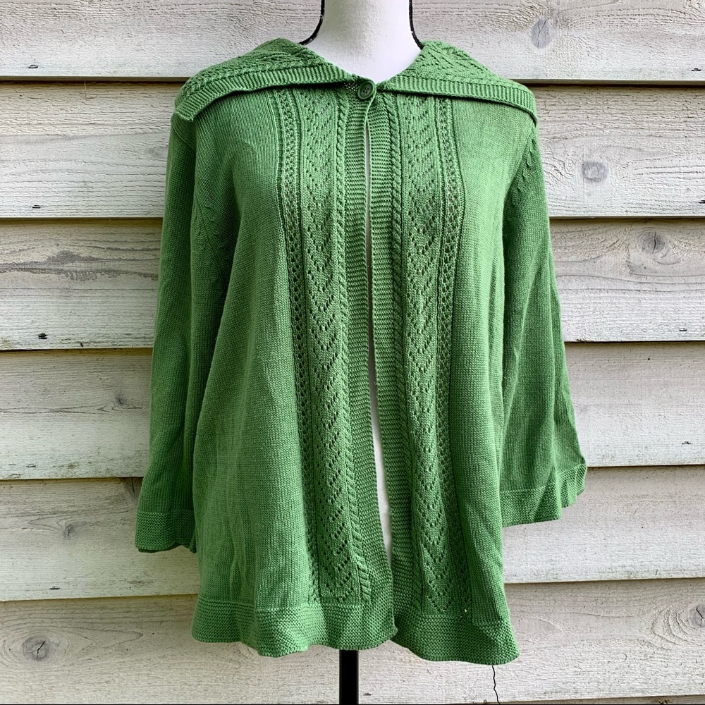 True Vintage 70s Green Peter Pan Collar 3/4 Sleeve Baby Doll Cardigan Sweater